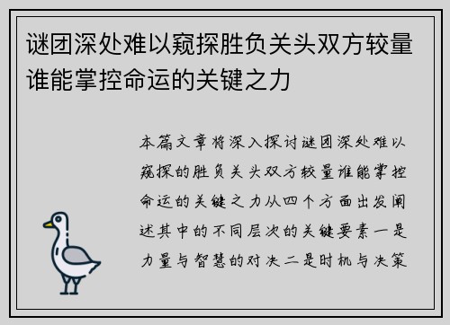 谜团深处难以窥探胜负关头双方较量谁能掌控命运的关键之力