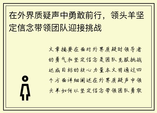 在外界质疑声中勇敢前行，领头羊坚定信念带领团队迎接挑战