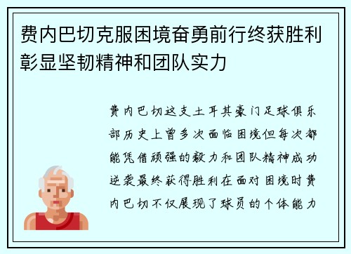 费内巴切克服困境奋勇前行终获胜利彰显坚韧精神和团队实力