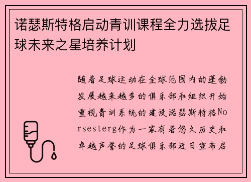 诺瑟斯特格启动青训课程全力选拔足球未来之星培养计划