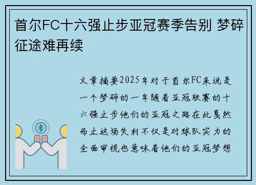 首尔FC十六强止步亚冠赛季告别 梦碎征途难再续