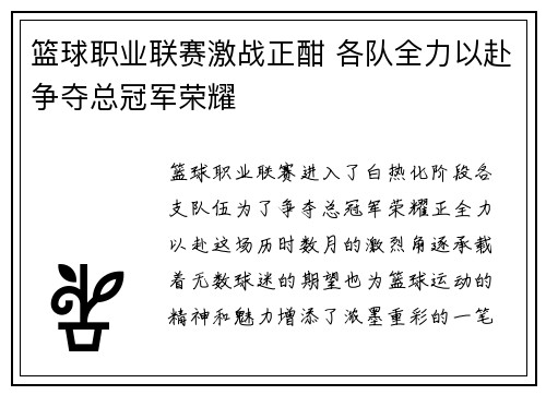 篮球职业联赛激战正酣 各队全力以赴争夺总冠军荣耀
