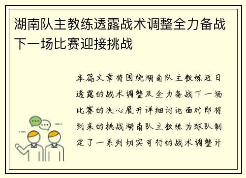 湖南队主教练透露战术调整全力备战下一场比赛迎接挑战